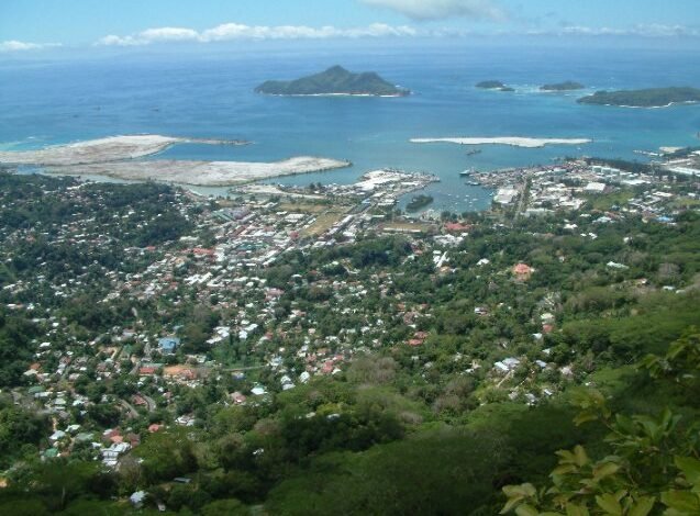 Aerial view of Victoria, the capital of Seychelles